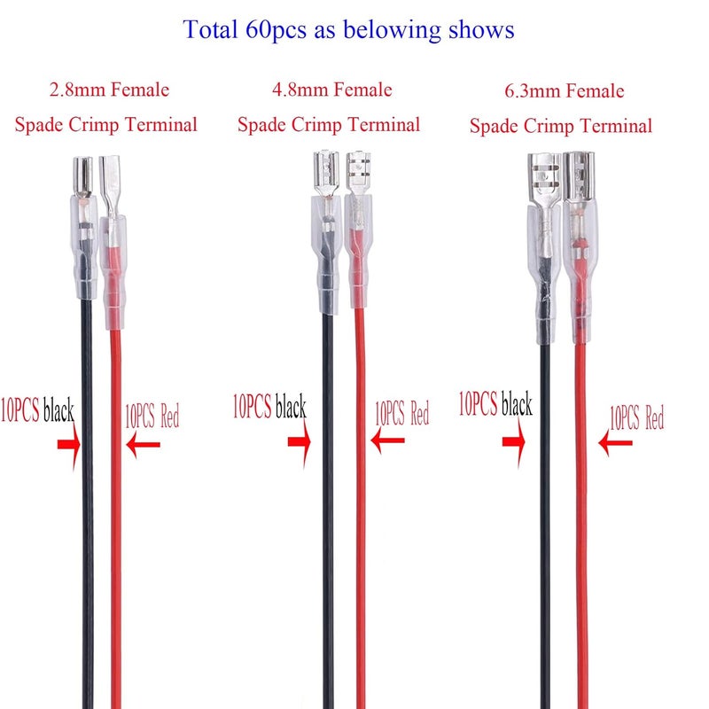 Bstenky 60Pcs 2.8mm 4.8mm and 6.3mm Female Spade Crimp Terminal with Insulating Sleeve and Wire,Female Spade Quick Splice Connector Assortment Kit with 25cm red Black Wires - Image 2